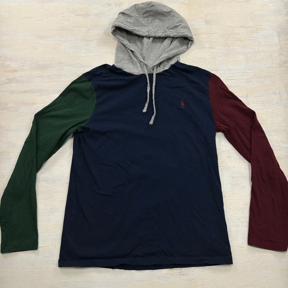 Polo Ralph Lauren Hoodie T-Shirt Medium Colorblock Long Sleeve Navy Mens
